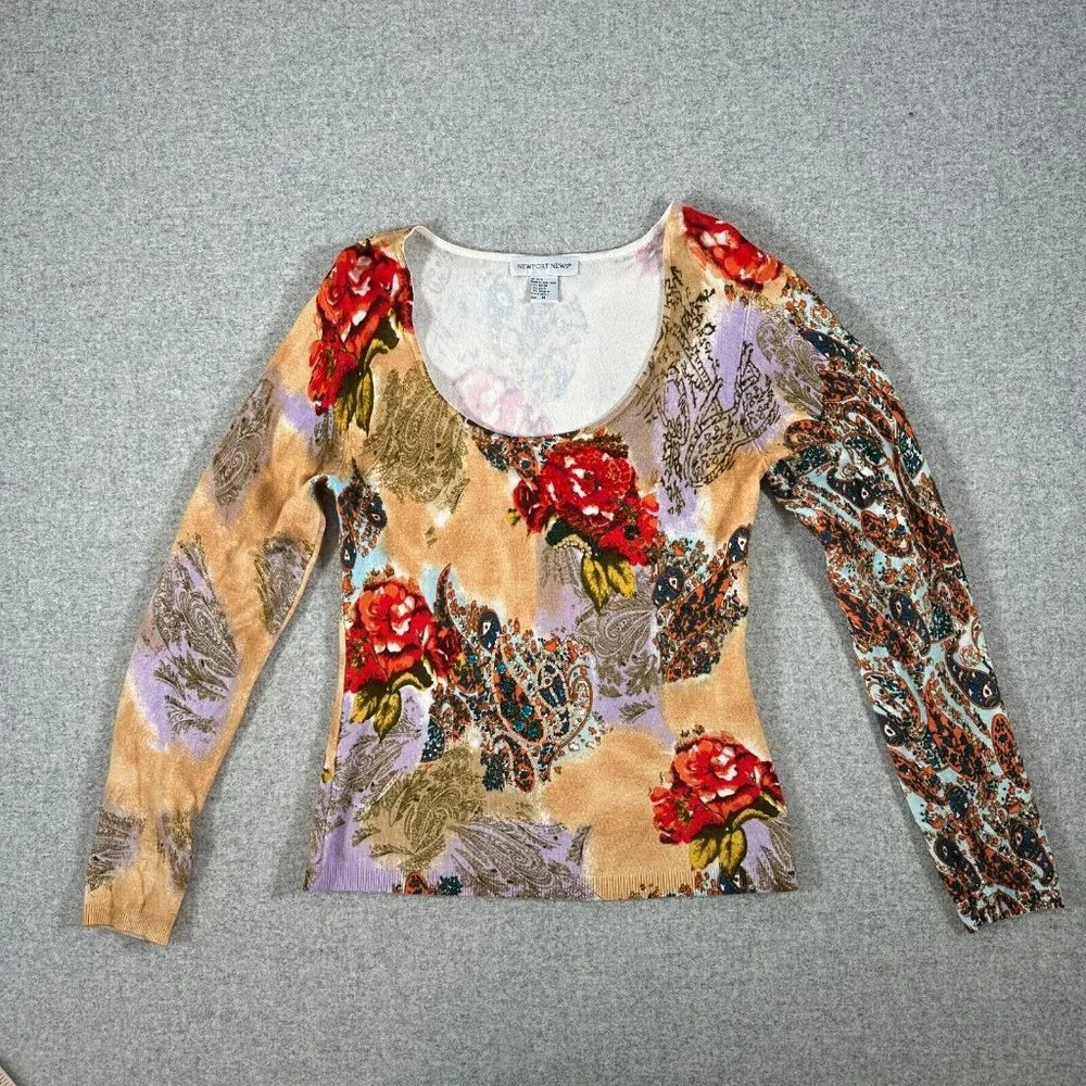 Vintage Y2K Newport News Womens Top Sweater Medium Floral Scoop Neck Sequin - Picture 13 of 14